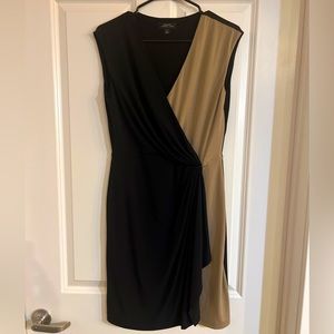 Tahari ASL mid-length stretch crepe beige and black dress with front ruching